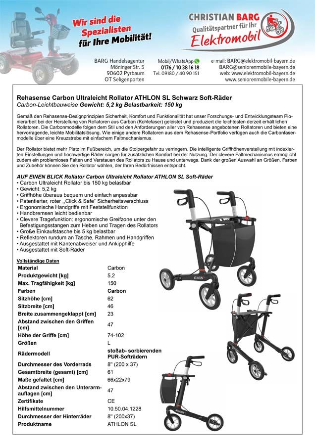 Rehasense Carbon Ultraleicht Rollator ATHLON SL Soft-Räder in Pyrbaum