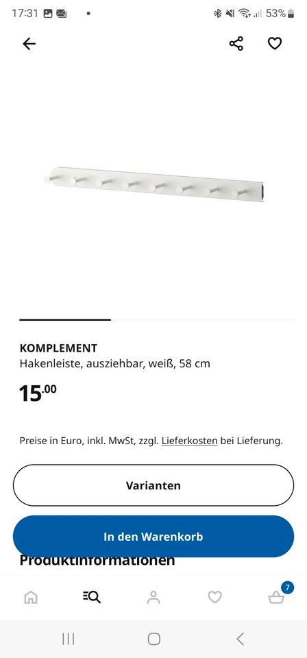 Ikea Komplement Hakenleiste weiß 58cm in Wölfersheim