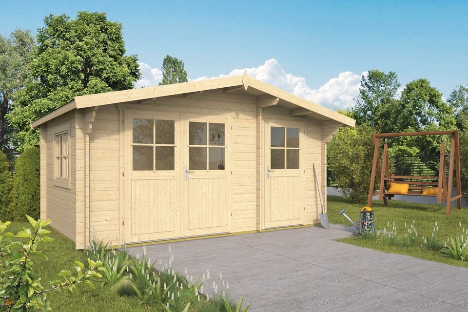 ABHOLBEREIT 34 mm Gartenhaus 450x300 cm mit 2 RÄUMEN Gerätehaus Holzhaus Blockhaus Blockhütte Holzhütte Holz Neu Hütte Schuppen 3050660 in Hahn am See