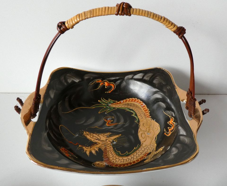vintage chinesisches Schälchen Set Drache handbemalt schwarz gold in Theismühlen