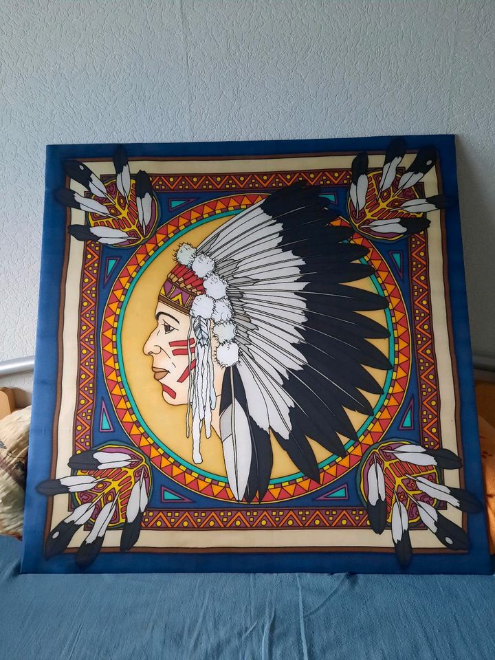 Indianer, Seidenmalerei Bild, 87,5cm x 87,5cm in Gescher