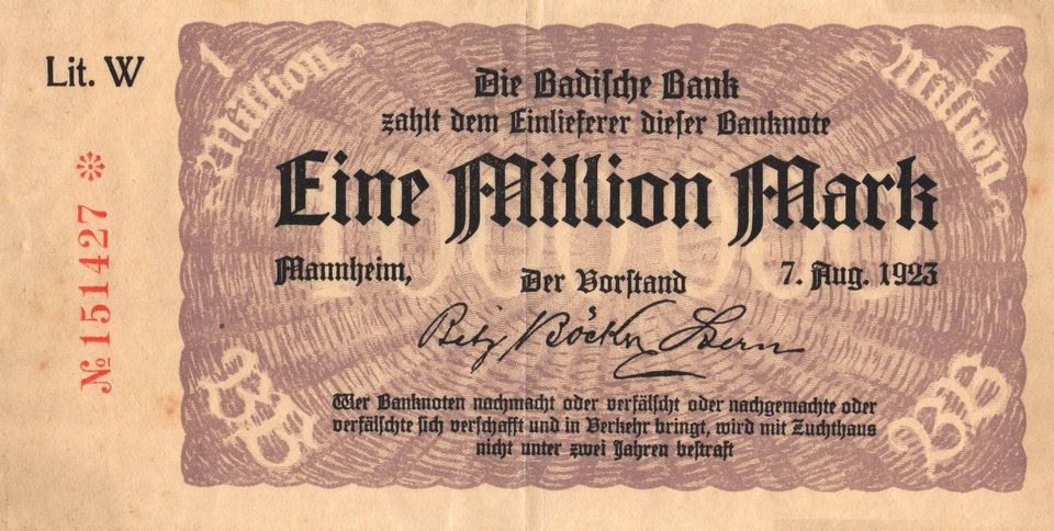 Eine Million Mark Badische Bank August 1923 Einseitig in Hamburg