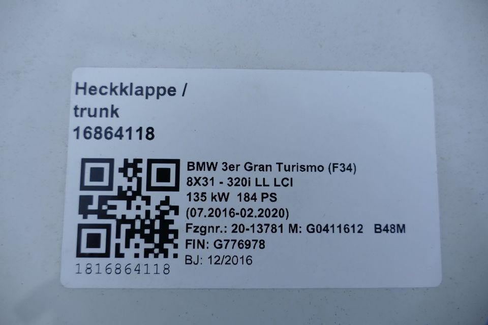 BMW 3er F34 GT Heckklappe Spoiler Kofferraumdeckel Weiß 7363253 in Löchgau