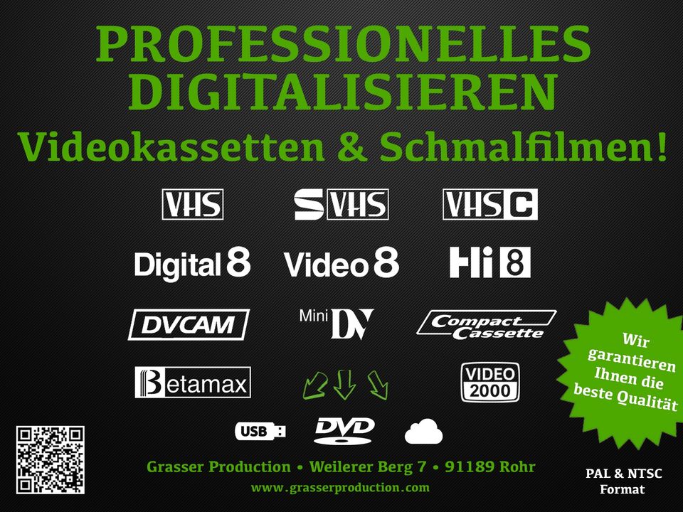 Digitalisieren • Überspielen VHS VHS-C Video8 Hi8 MiniDV & Super8 in Rohr Mittelfr.