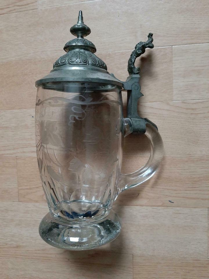Bierkrug, Glaskrug mit Zinndeckel 1905 Sammlerstück in Plauen