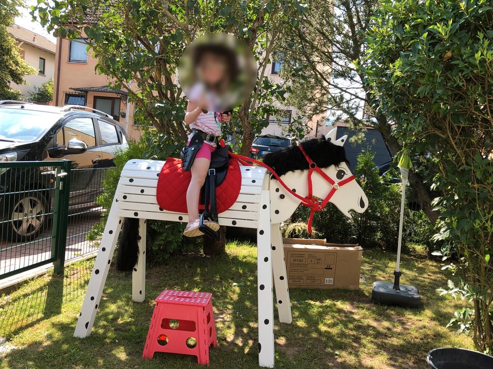 Gartenpferd weiß mit Punkten (Unikat) + Sattel + Geschirr in Coburg