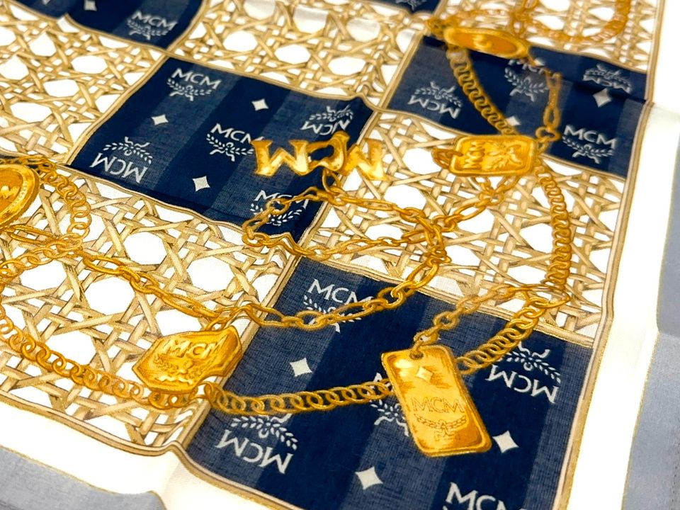 MCM Bandana Tuch Damen Schal Baumwolle Gold Dunkelblau Grau Logo in Schleswig