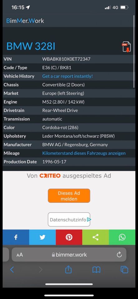 BMW E36 328i Cabrio Bastler Schrauber (Exclusive) Cordabarot in Homberg (Efze)