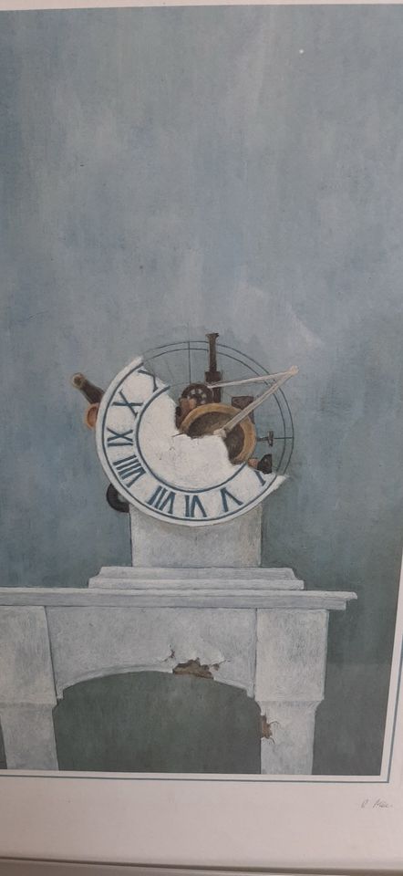 Lithografie "Kamin mit Uhr" von Reiner Merz, limitiert, signiert, in Gummersbach