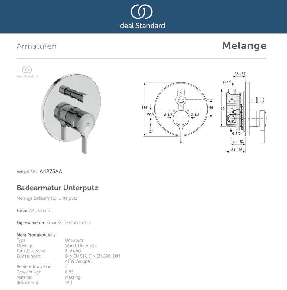 Ideal Standard Melange Badearmatur Unterputz in Michelbach an der Bilz