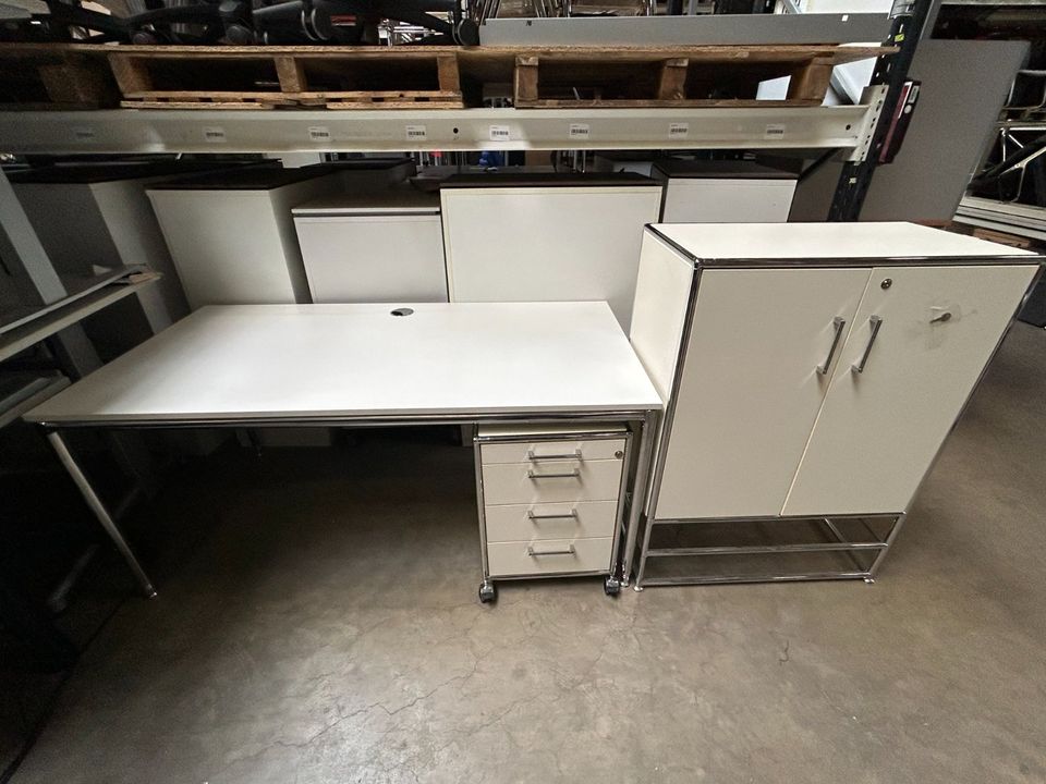 ❗️60x Top Bosse Modul Space weiß/chrom Rollcontainer/ Manuell Verstellbarer Schreibtisch /Komplettset Büro / Sideboard/ Aktenschrank / Hochwertig / Bürotisch / Designmöbel/ Büroeinrichtung/ Büromöbel in Linden