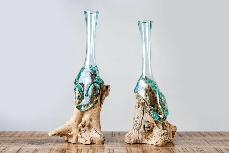 Vase Teak Wurzelholz 40cm, geschmolzenes Glas, Unikat Liqva in Hamburg
