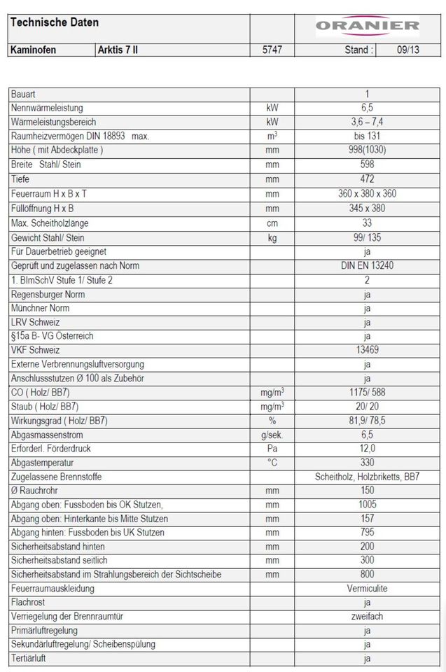 Kamin Ofen Oranier Arktis 7 II Betrieb nach 2024 Holzofen 6,5 kW in Burgwedel