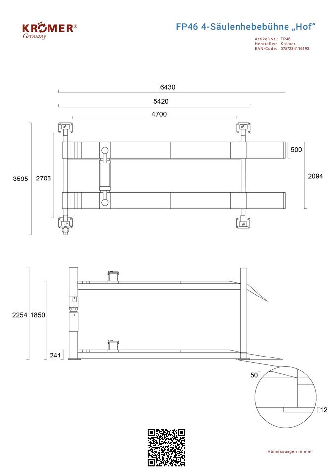 4 Säulen KFZ Hebebühne 6.3t Annahme Krömer Germany ® FP46 in Neu Wulmstorf