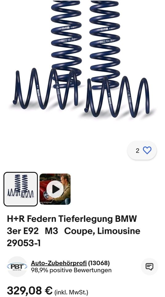 H&R TIEFERLEGUNGSFEDERN BMW M3 Limo E90 Coupe E92 Cabrio E93 KW ! in Obergurig