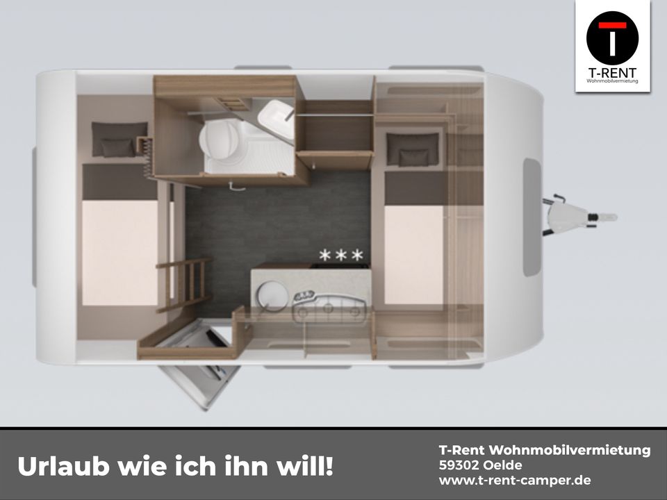 Kompakter Wohnwagen mieten Klima 2-4 Personen 8.6.-29.6.24 in Oelde