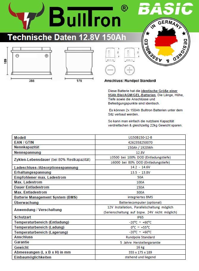 BullTron Basic 12.8V LiFePO4 150Ah inkl. BMS mit 100A Dauerstrom in Hannover