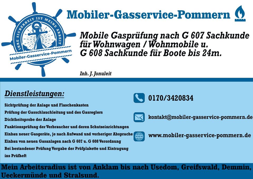 Mobile Gasprüfung/ Wartung nach G607 für Wohnmobile u. Wohnwagen in Ziethen