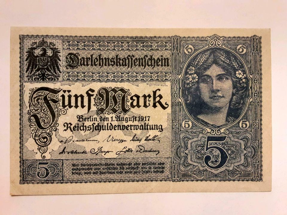 Reichsmark, Darlehenskassenschein Fünf Mark vom 01.08.1917 in Berlin