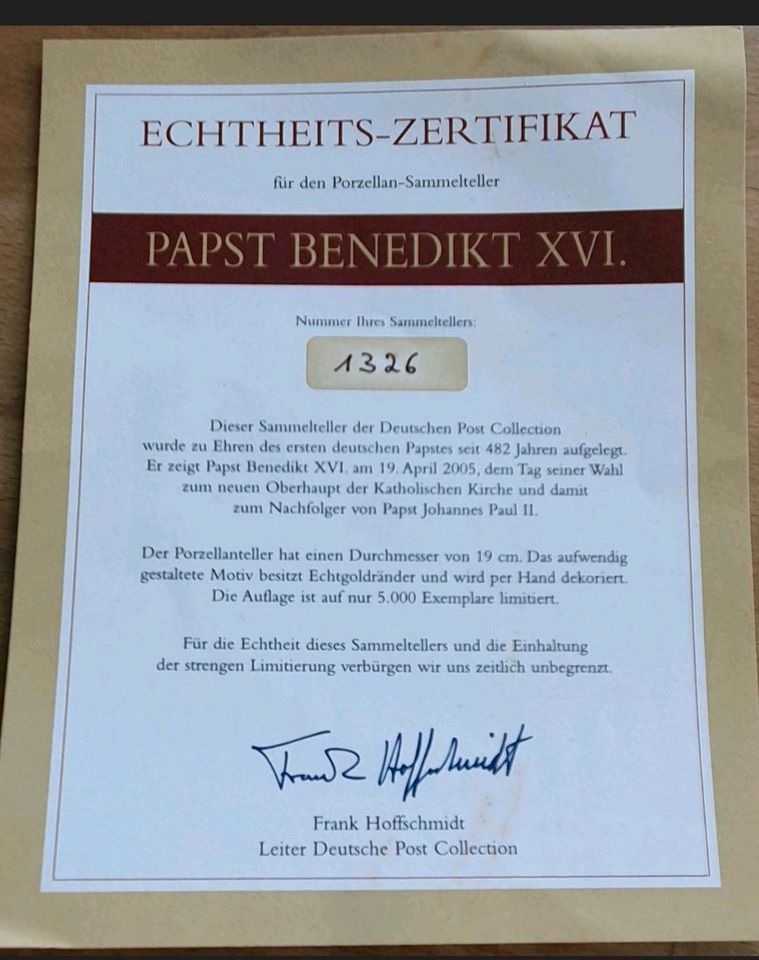 Sammelteller Papst Benedikt XVI mit Echtheitszertifkat in Waldkirchen