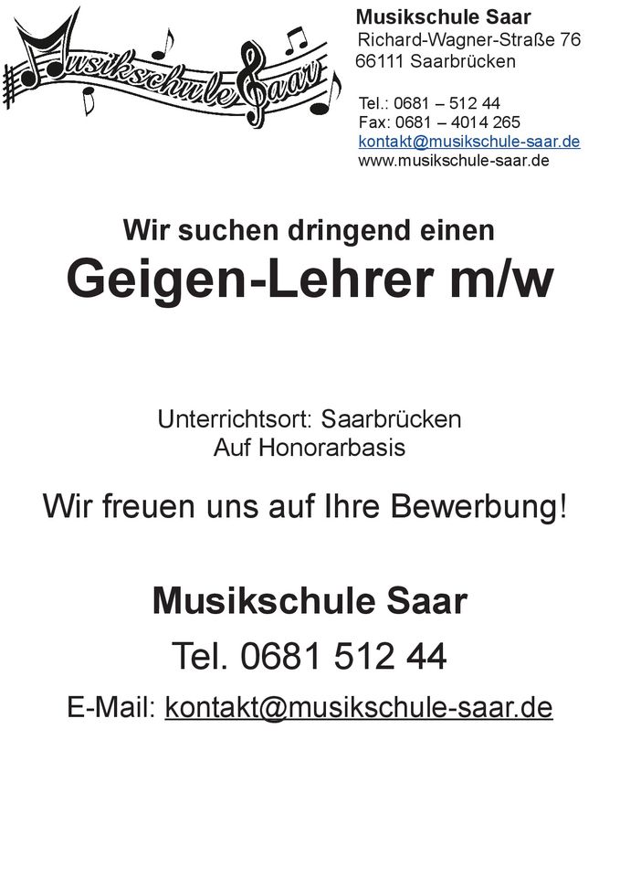 Geigenlehrer/in in Saarbrücken gesucht in Saarbrücken