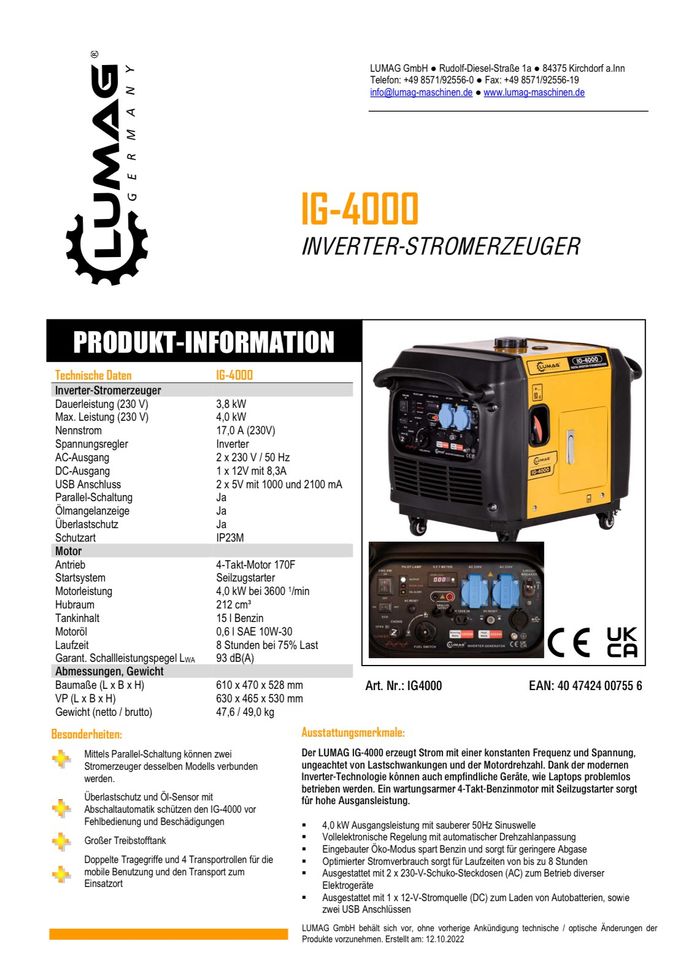 LUMAG INVERTER GENERATOR IG-4000 in Rodewisch