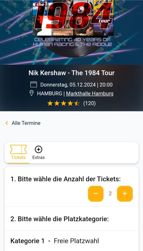 Verkaufe 2 Nik Kershaw Konzert Karten in Hamburg in Hamburg