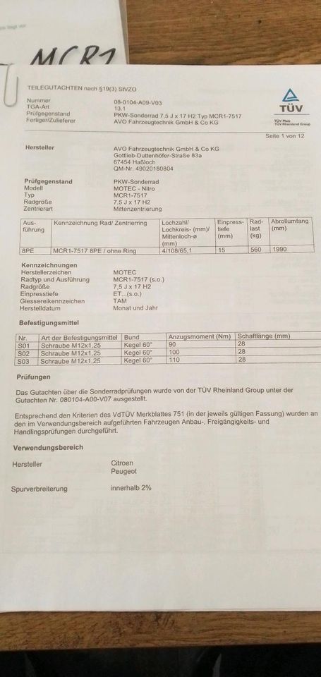 Motec MCR1 Nitro Kompletträder Peugeot Citroen 7,5x17  215/45 ZR in Unterschönau