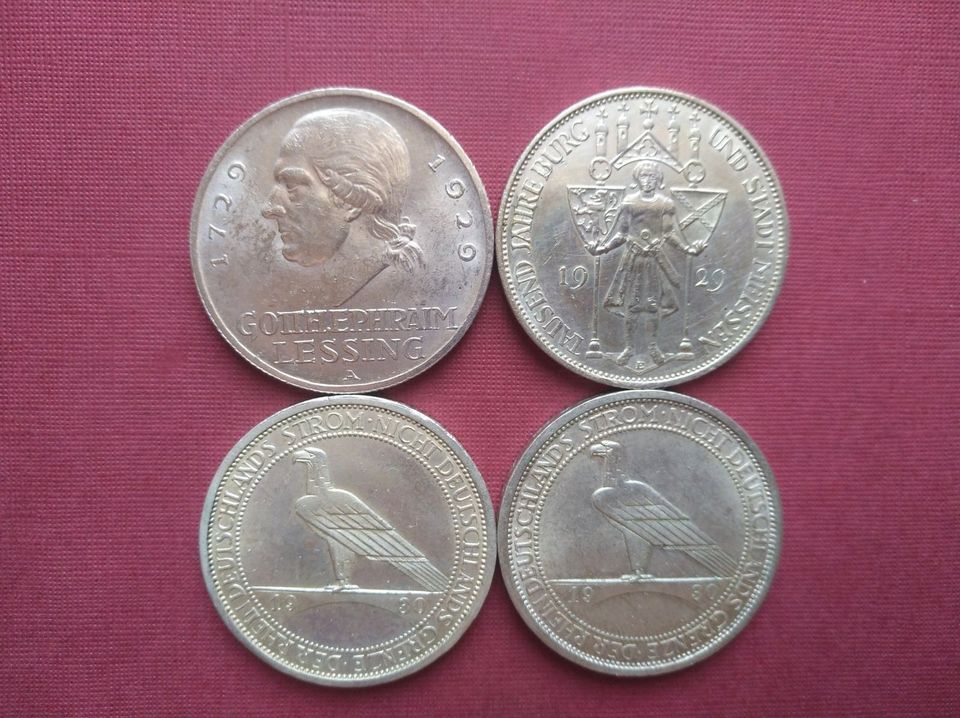 4 x 3 Reichsmark: 2 x 1929 und 2 x 1930, Silber. in Gießen