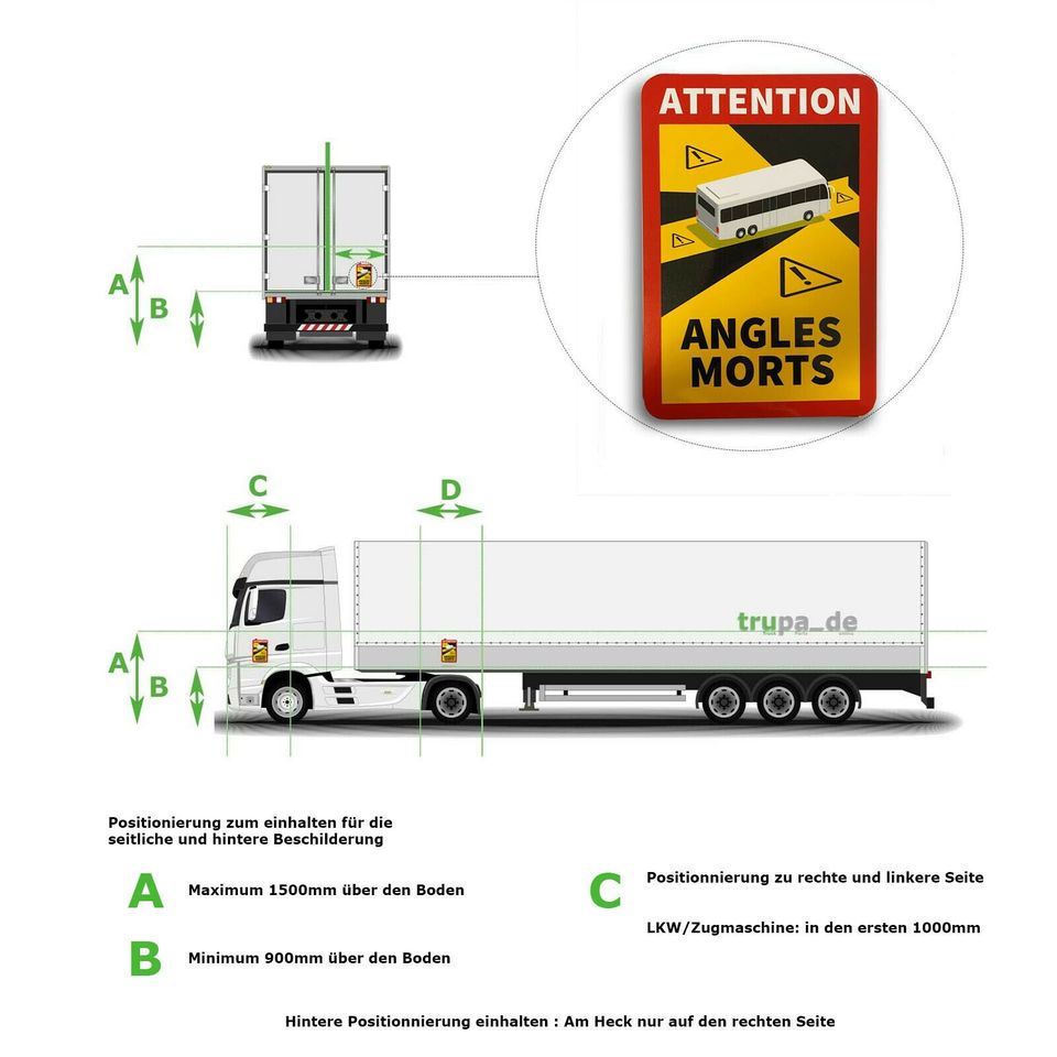 1 x Aufkleber Toter Winkel ANGLES MORTS BUS oder LKW>3,5t in Völklingen