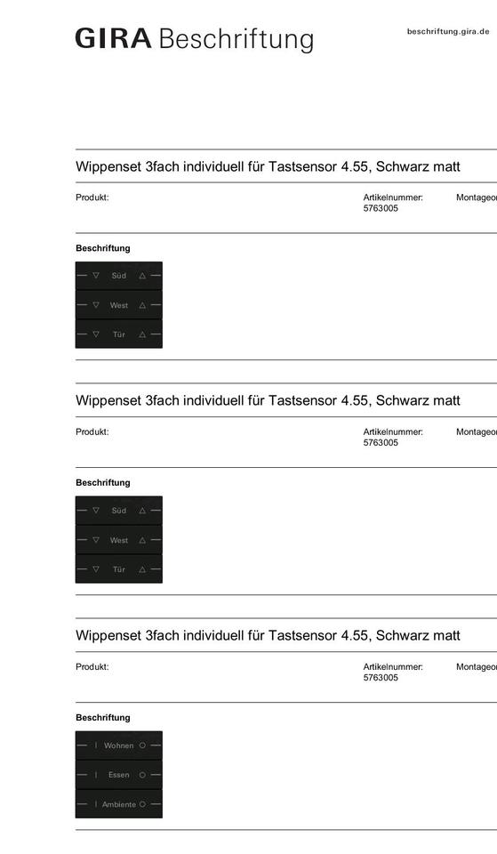 GIRA 5763005 Wippen, NEU - Tastsensor 4.55, individ. Beschriftet in Kiefersfelden