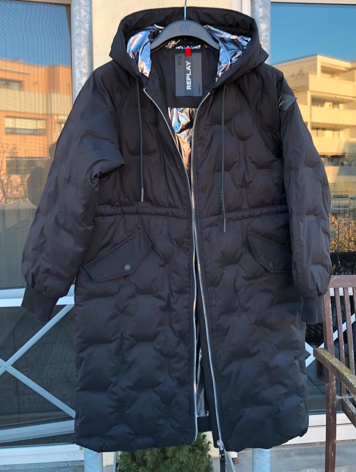 Replay Jacke Mantel Parka Kapuze Schwarz Silber Gr.S/M Oversized in Fürth