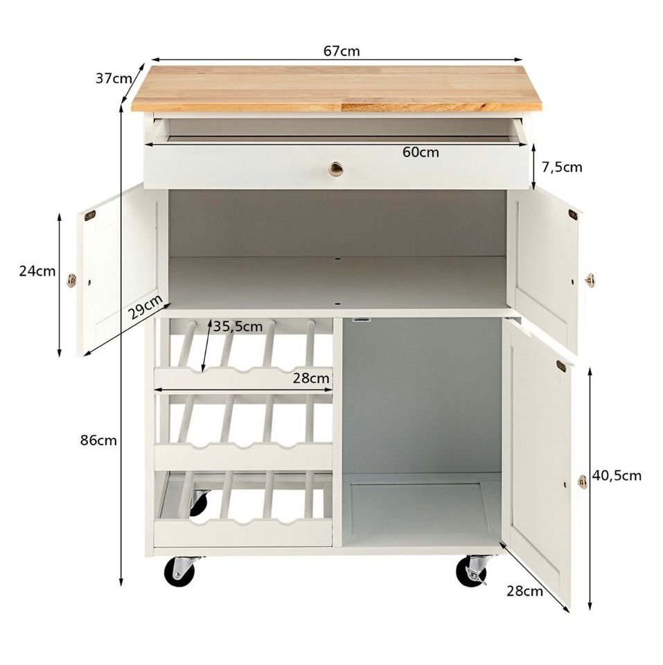 Küchenwagen Holz Servierwagen Küchentrolley mit 3 Weinregalen in Bebra