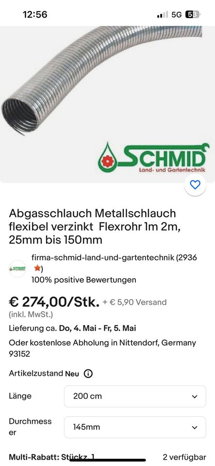 Flexrohr 2m lang & Durchmesser 14,5cm für Abgas Ofenrohr in