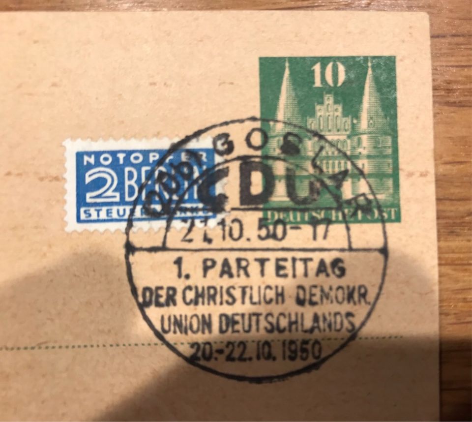 Postkarte/Briefmarke mit Stempel 1. Parteitag der CDU 1950 in Weilheim i.OB