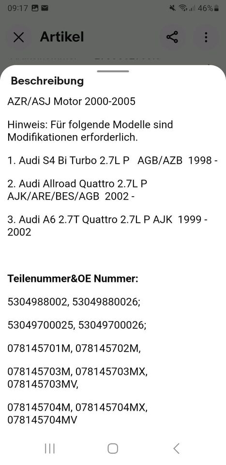 Turbolader Upgrade audi rs4 a4 a6 b5 2.7 bi turbo in Wölfershausen