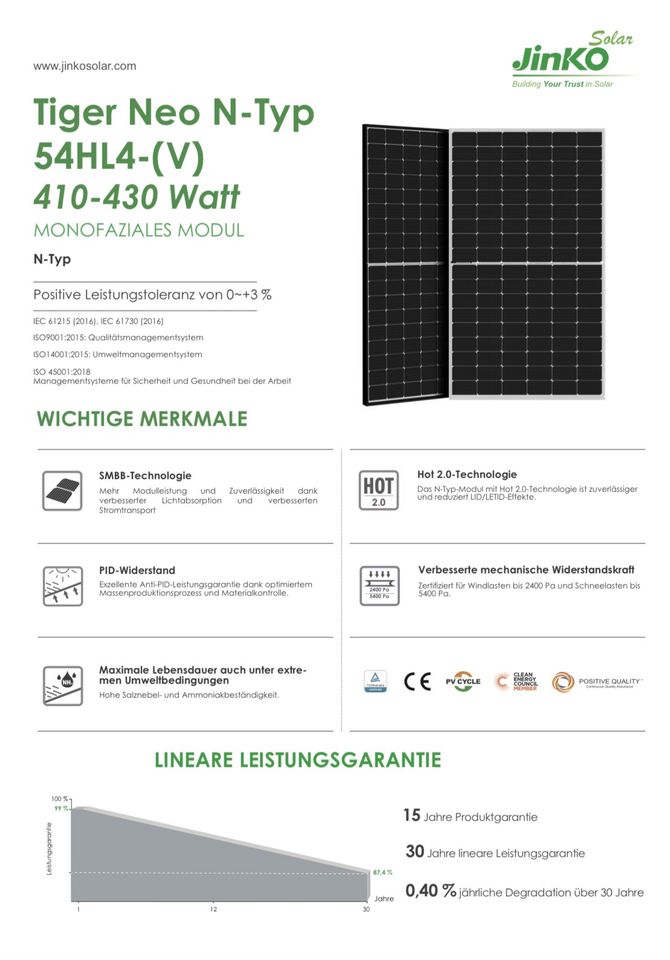 JinkoSolar JKM420N-54HL4-V Solarmodul PV Solar in Leipzig