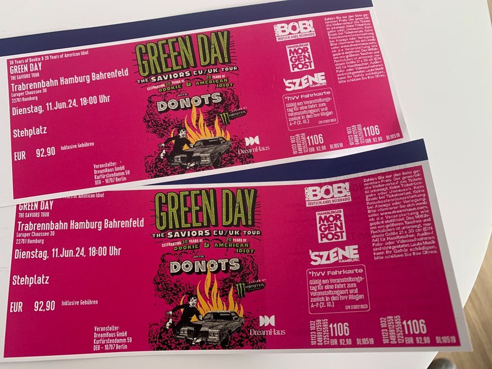Gedruckte Tickets Greenday in Hamburg