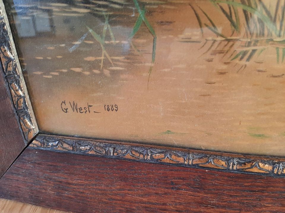 altes Bild im Rahmen, G. West 1889 in Muldestausee