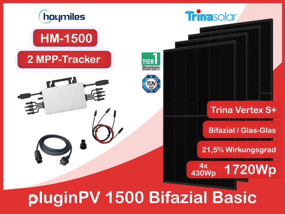 Balkonkraftwerk 1500W / 1720Wp ✅ Bifazial / Glas-Glas ✅ Gedrosselt auf 600/800 Watt mit Zertifikat ✅ 4 Solarmodule ✅ Hoymiles HM-1500 Wechselrichter & Trina 1720 Watt Peak (je 430Wp) in Moosinning