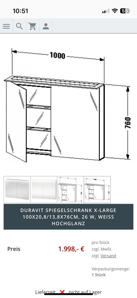 Duravit Spiegelschrank X Large 100x20,8cm/13,8x76cm, 26 W weiß in München