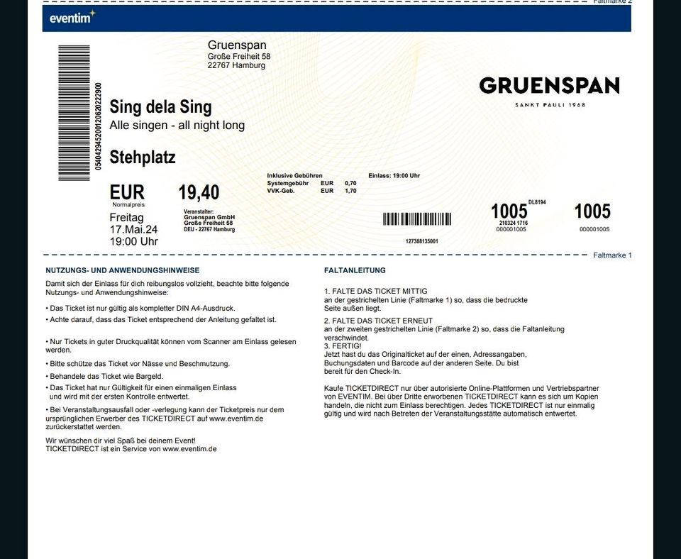 1 Ticket für sing dela sing Hamburg 17.5.  für 10 Euro in Hamburg