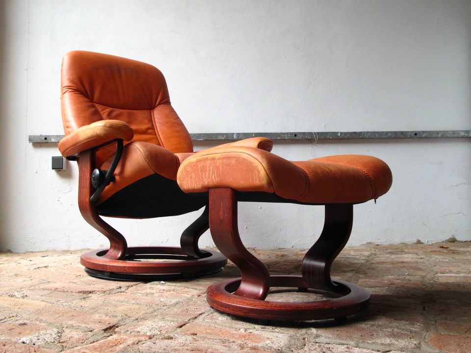 LOUNGE CHAIR LEDERSESSEL COGNAC STRESSLESS EKORNES VINTAGE in Diez