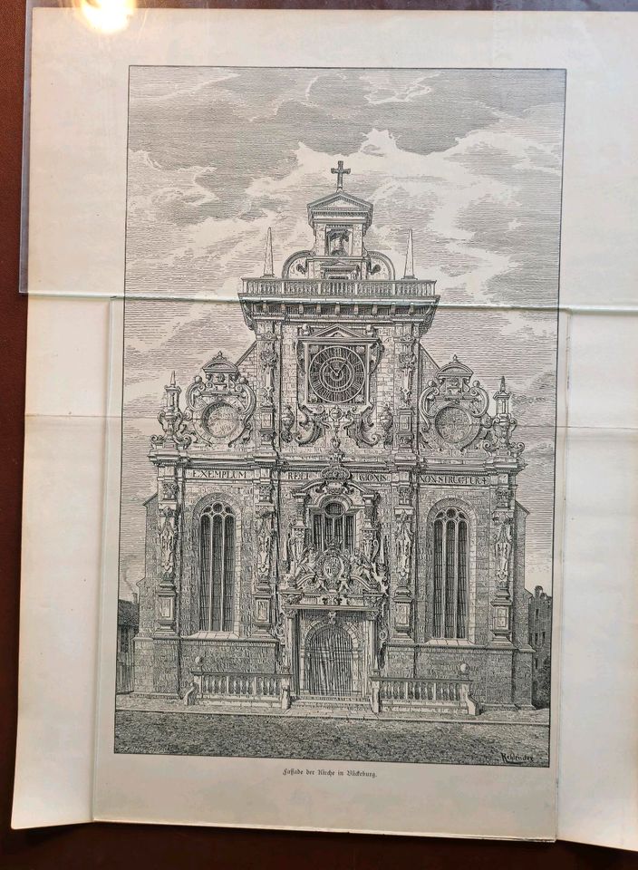 Stahlstich der Fassade der Kirche in Bückeburg aus 1887 in Stadthagen