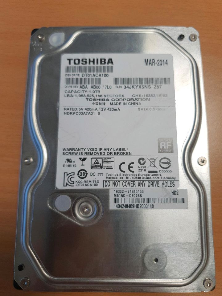 Desktop Festpltte Toshiba 1,0TB(1.000GB) in Unterschleißheim