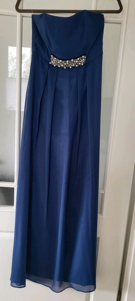 Bodenlanges schulterfreies Abendkleid blau mit Perlen Gr. XS in Sassenberg