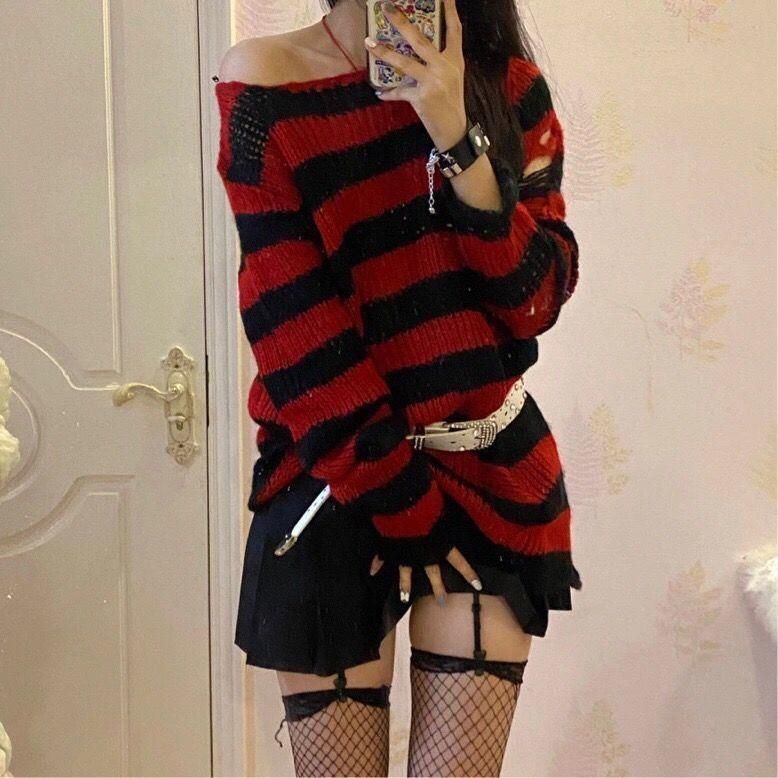 Pullover, Strick, Stripe, Gothic, EMO, Punk, schwarz-rot,oversize in Ulm