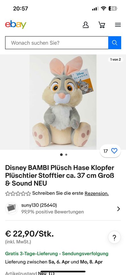 Kuscheltier Disney Klopfer Bambi mit Sound Stofftier in Potsdam