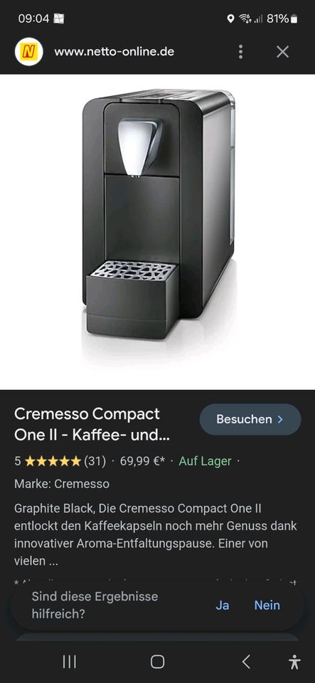 Cremesso Compact One Kaffee/Tee Kapselmaschine in Schiffweiler