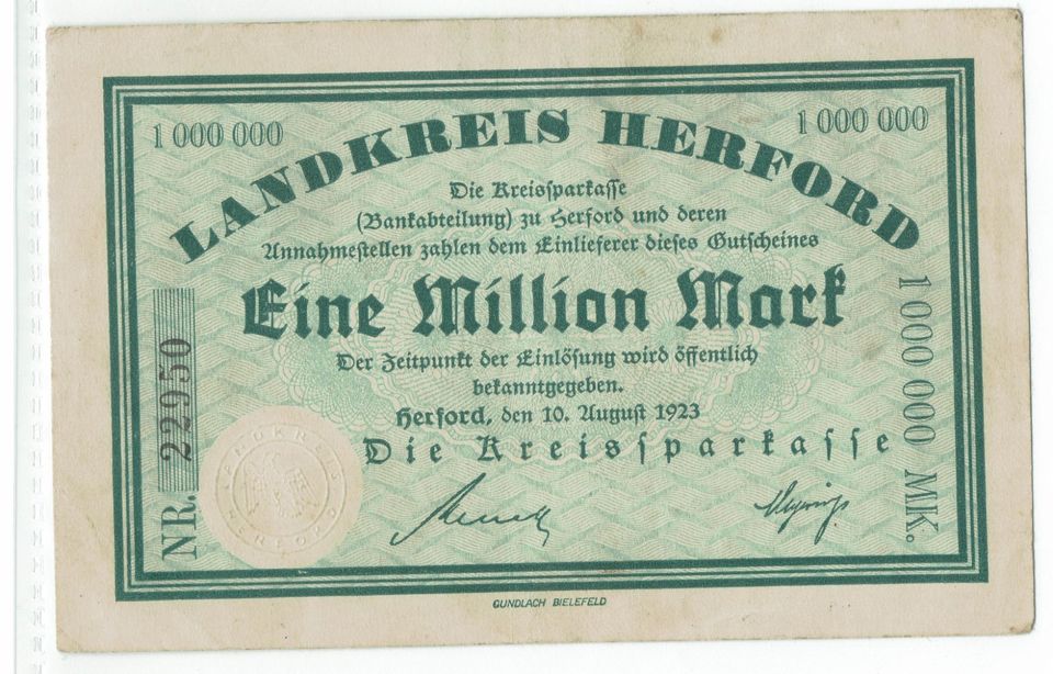 Landkreis Herford 1 Millionen Mark Kreissparkasse 10.8.1923 in Hamburg